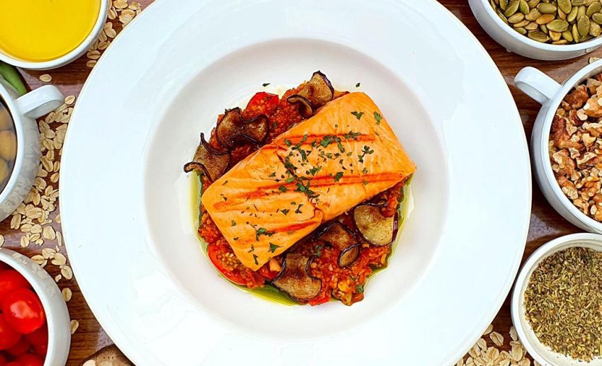 Grilled Salmon with Mediterranean Style Couscous.