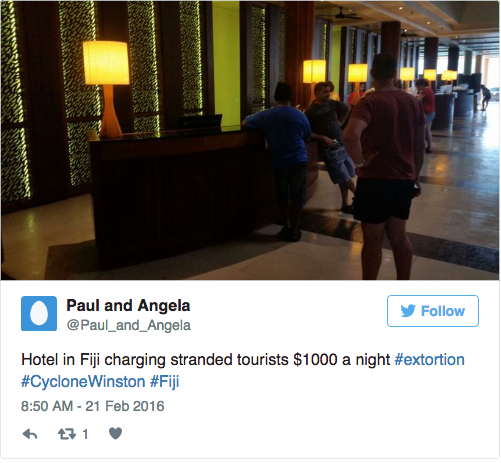 A hotel in Fiji charged tourists who were caught in Cyclone Winston $1000 a night. (Pic credit: @Paul_and_Angela) 