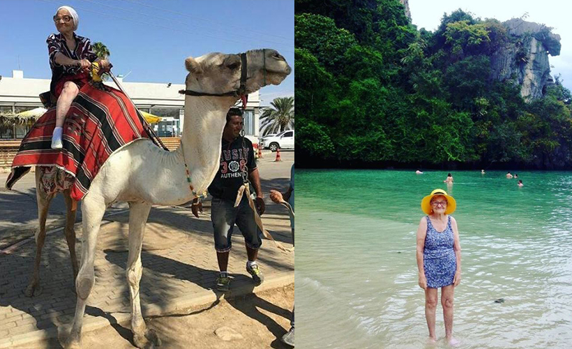 89-year-old Grandma Lena is travelling the world on her own. Left, camel riding in Israel. Right, on a beach in Vietnam. (Photo credit: theycallmegypsyqueenblog.wordpress.com)
