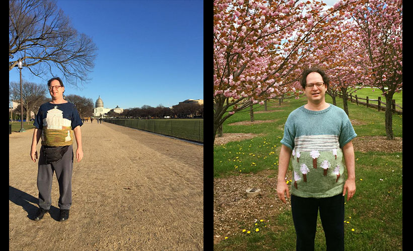(L) Outside the U.S. Capitol wearing his Capitol sweater. (R) In a park with some flowering trees. (Photo credit: Sam Barsky)