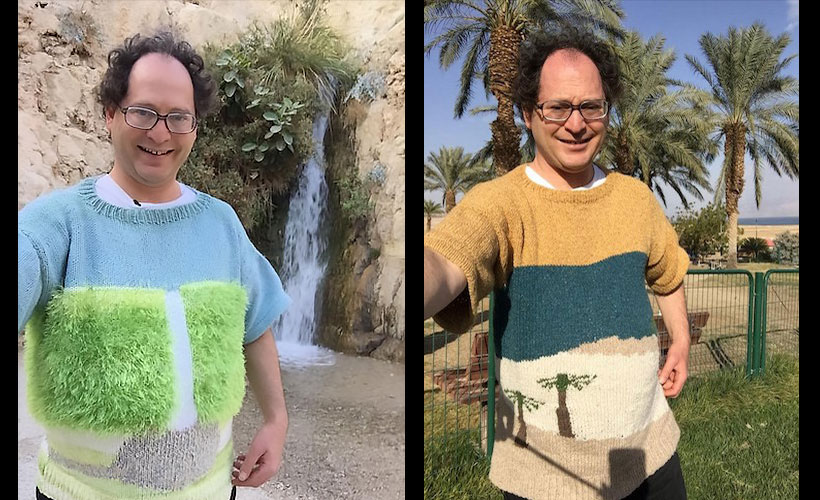 Sam knits sweaters of sceneries and landscapes and takes photos with the exact scene he knitted (Photo credit: Sam Barsky)