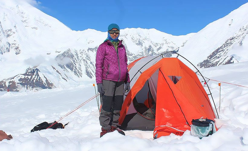 Jaahnavi getting cosy midway through her climb up Mount Denali, the highest peak in North America. (Photo Credit: Jaahnavi Sriperambaduru)