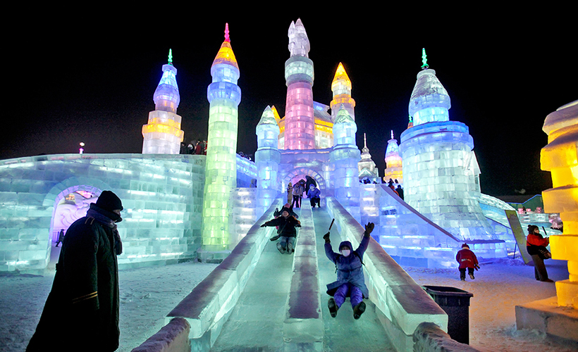 Some sculptures double the fun by letting visitors slide along their ice features. Source: https://www.complexmania.com/harbin-international-ice-snow-sculpture-festival/