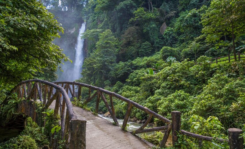 Wooden footbridge leads towards the cascading Seven Falls surrounded by dense jungle near Lake Sebu in South Cotabato, Philippines.