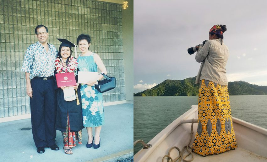 Left: Graduation Day, University of Hawaii at Hilo, 2003. Right: Fieldwork on cetaceans in Langkawi.