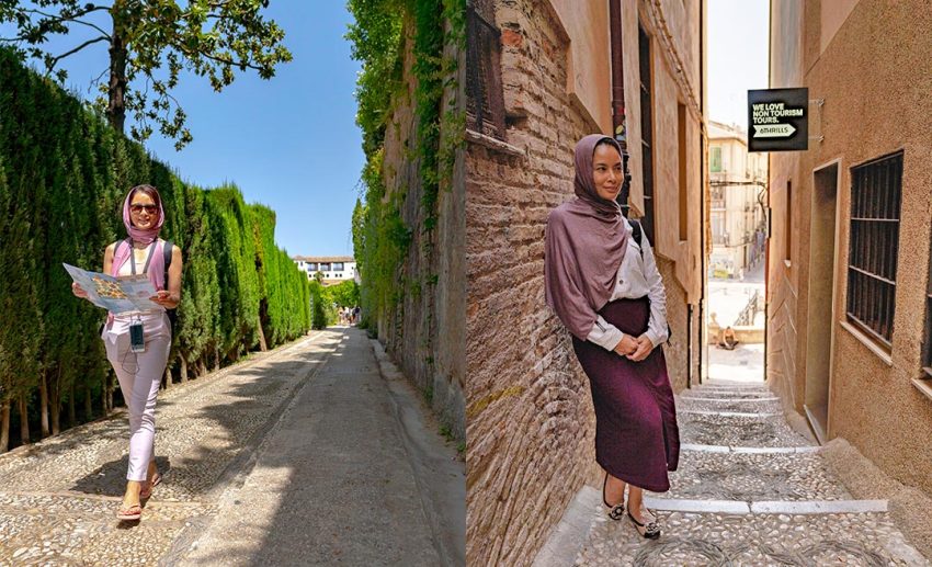 Right: Granada, Spain. On the way to the mosque--layering up.