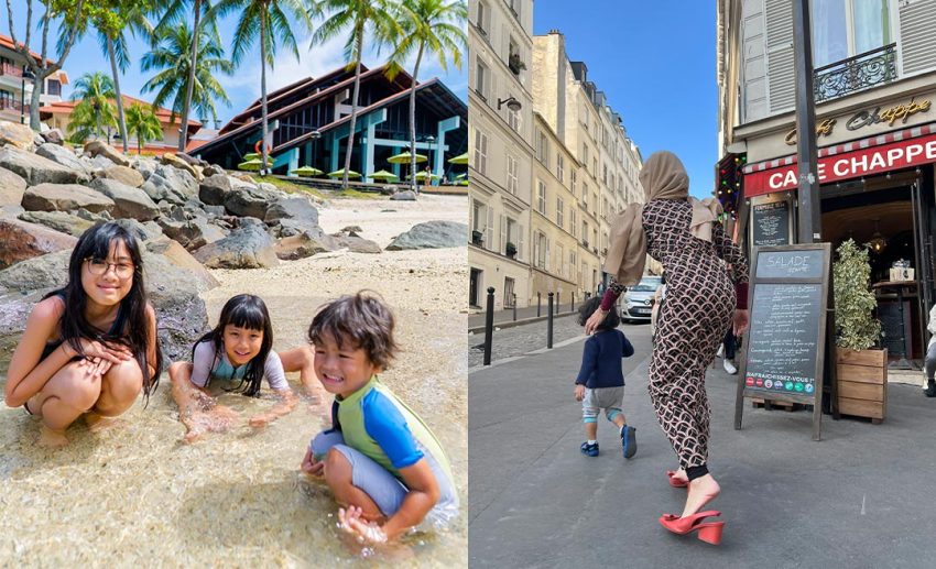 Left: Shangri-La Rasa Ria, Kota Kinabalu. Right: Chasing after kids in Paris.
