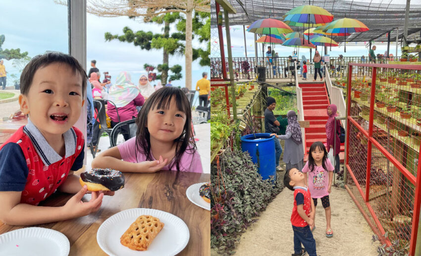 Left: One for the road! Doughnuts, pastries, and coffee. Right: At the strawberry farm.