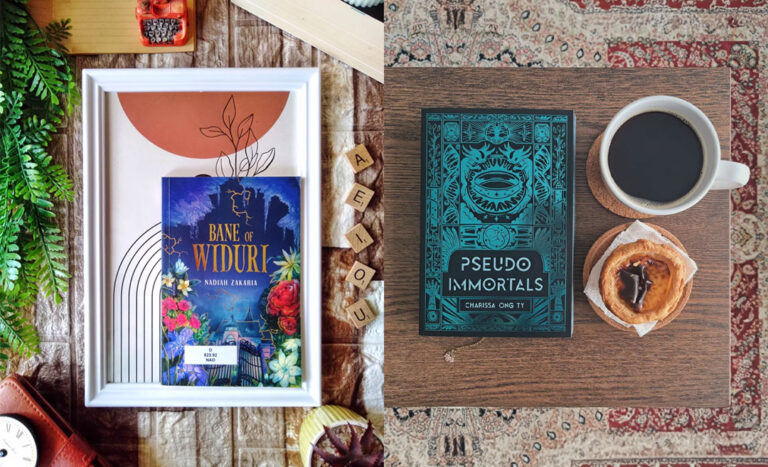 Book covers featuring strong female leads, including Nadiah Zakariya's Bane of Widuri and Charissa Ong TY's Pseudo-Immortals.