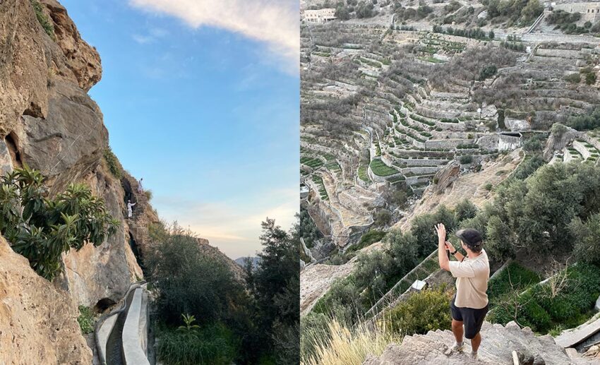 Collage of a narrow mountain trekking path and a view of an Omani village from the steep Jebel Akhdar heights.