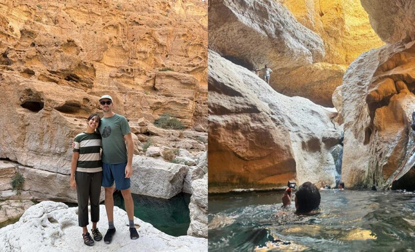Collage of the rocky Wadi Shab hiking trail and Sofia swimming in the emerald green water of an Omani wadi.