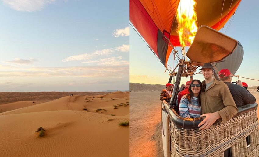 Collage of rolling orange dunes in Wahiba Sands and a hot air balloon flight at dawn in Oman.
