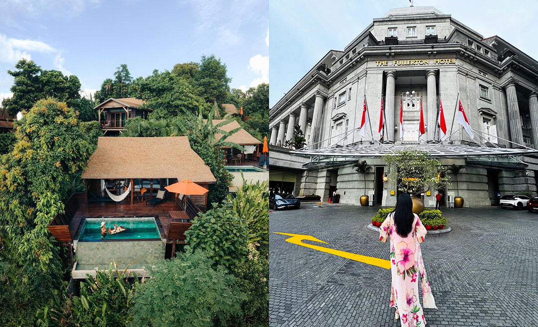 A drone shot looking down at a private turquoise swimming pool at a villa in Serendipity Lipe (left), and the back view of a woman standing and admiring the historic architectural entrance of The Fullerton Hotel (right).