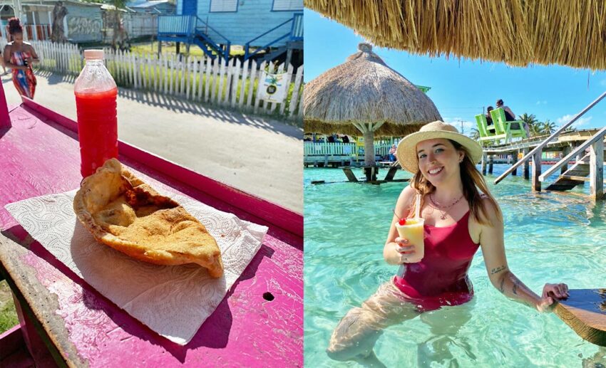 Belizean island treats: (L) a golden, puffy fry jack from Errolyn’s House; (R) the author cooling off in the turquoise Caribbean water with a pina colada at Sip N Dip.