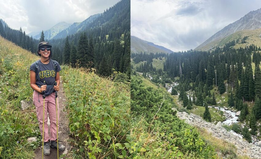 Sofia hiking on the Big Almaty Peak trail and a scenic view of lush green valleys in the Trans-Ili Alatau mountains.