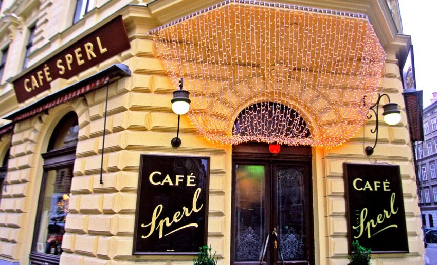The iconic storefront of Café Sperl, located in Vienna’s Mariahilfer District, is popular for its authentic old-world atmosphere.