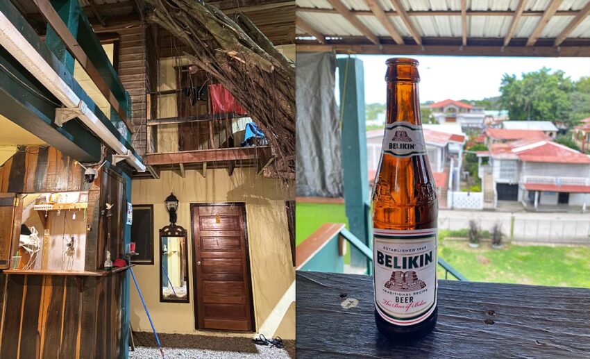 The rustic, social interior of Bella’s Backpackers Hostel in San Ignacio and a cold bottle of Belikin, the iconic local beer of Belize.