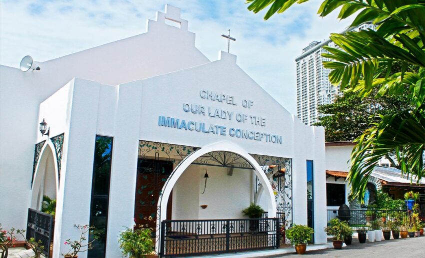 The main entrance and facade of the Church of Our Lady of the Immaculate Conception, the spiritual heart of the Portuguese Settlement.