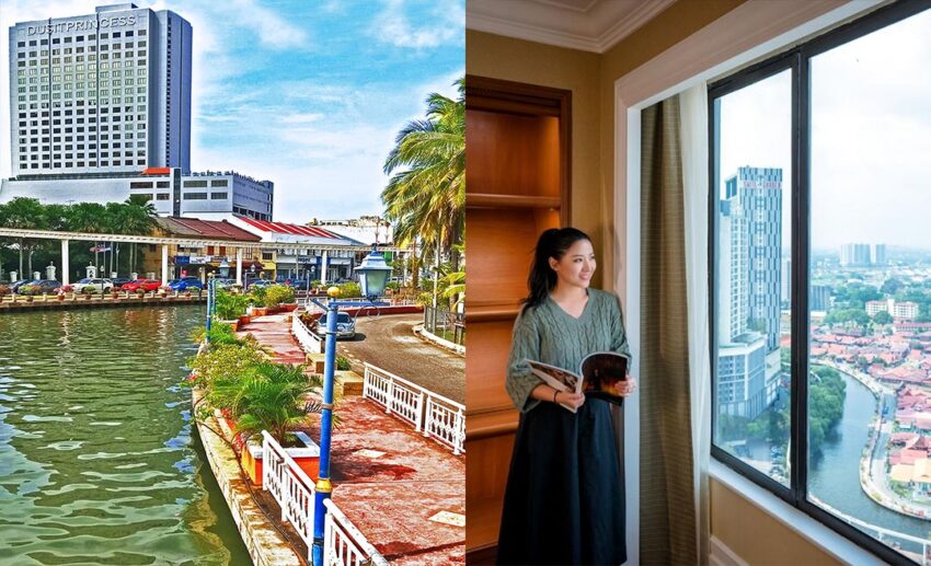 The exterior of the Dusit Princess Melaka hotel as seen from the Melaka River, a popular base for travellers attending the San Pedro Festival (L); A guest looking out the large glass panel windows of the hotel at the city (R).