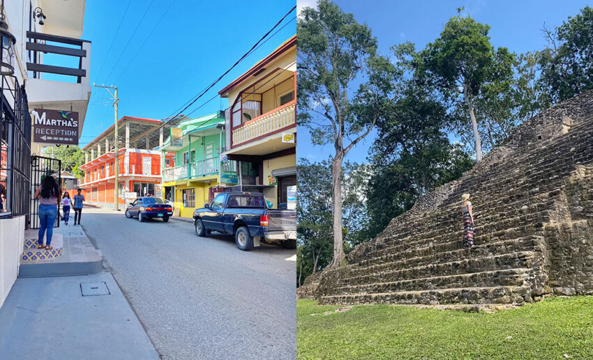 The vibrant, colourful streets of San Ignacio town and the author standing on the ancient stone steps of the Cahal Pech Mayan ruins.