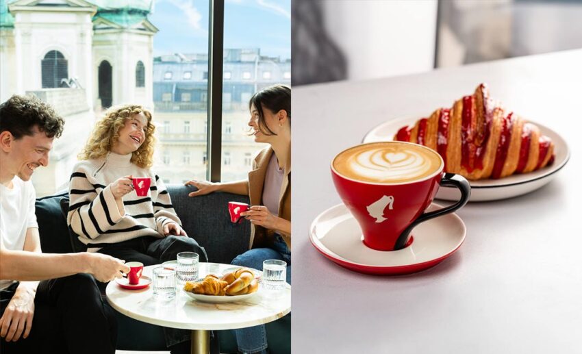 Locals socialising at Julius Meinl and a close-up of premium coffee served with a fresh croissant.