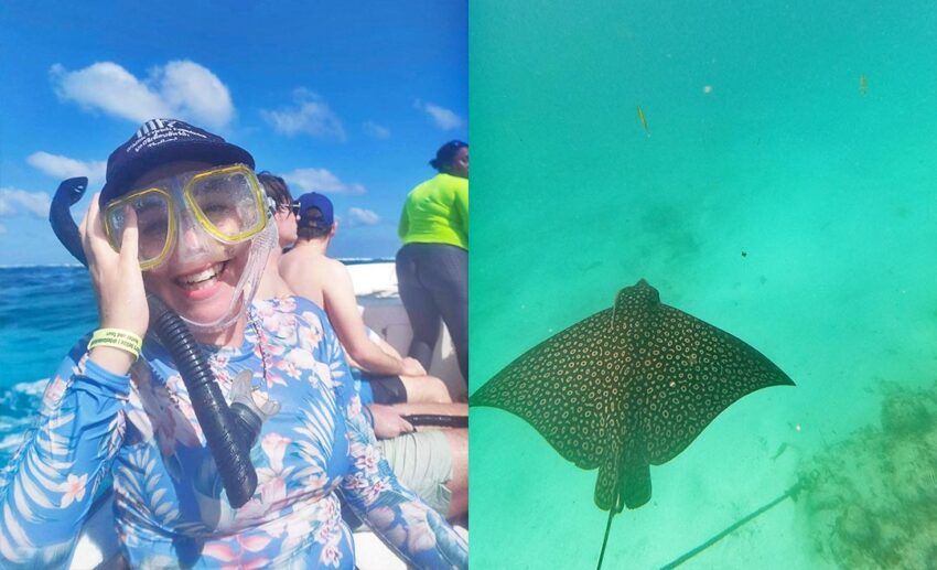 Marine adventures in Belize: (L) the author adjusting her snorkel mask in a choppy sea; (R) a spotted eagle ray gliding through the clear waters of the Hol Chan Marine Reserve.