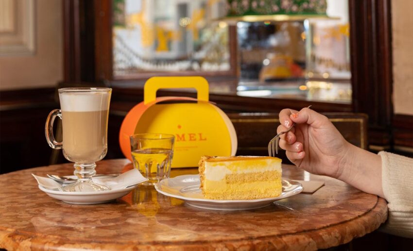 A traveller seated at a traditional cafe table, enjoying a Wiener Melange served on a silver tray with the customary glass of water.