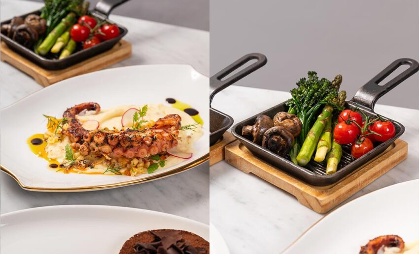 A collage showing the chargrilled octopus with vibrant accompaniments and a side of grilled seasonal vegetables.