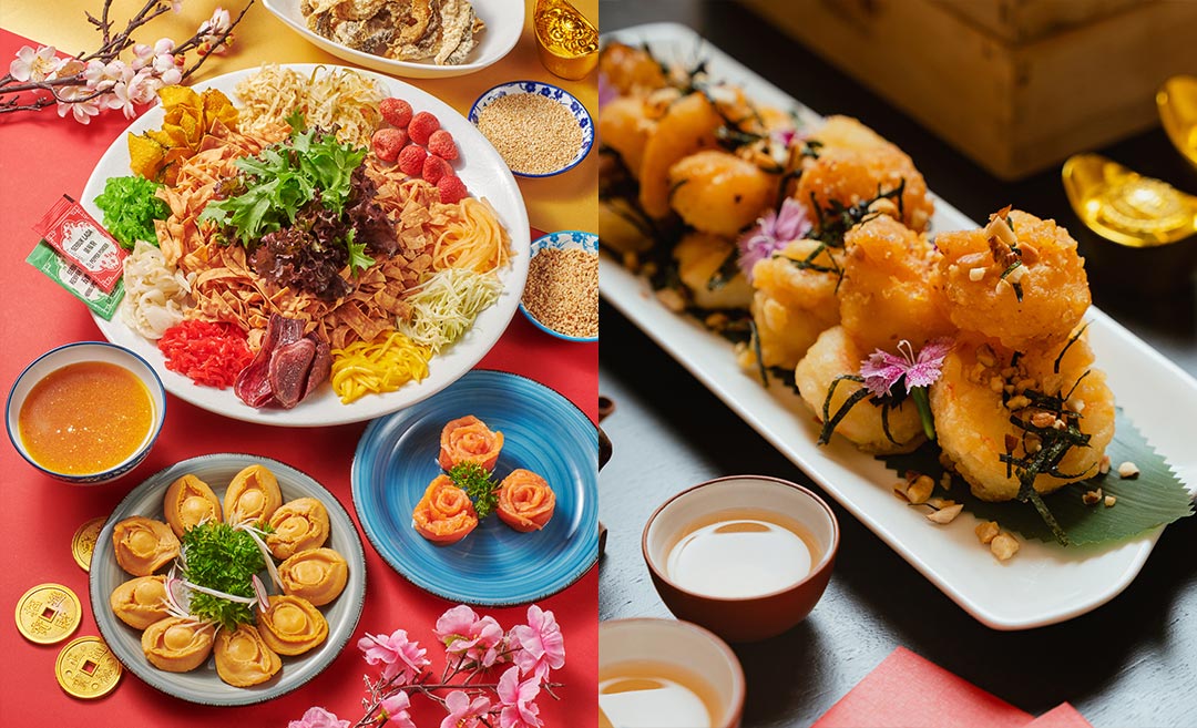 Lunar New Year 2026 reunion feast dishes: (L) fresh Yee Sang platter with salmon and scallops at Putrajaya Marriott; (R) golden fried calamari from JW Marriott Kuala Lumpur.