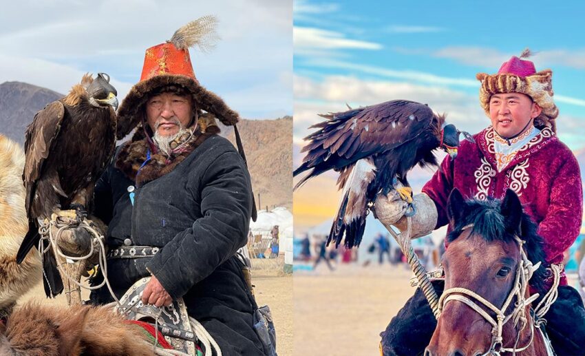 Two Kazakh eagle hunters in traditional fur-trimmed coats on horseback, each proudly displaying their golden eagles against the Altai mountain backdrop.