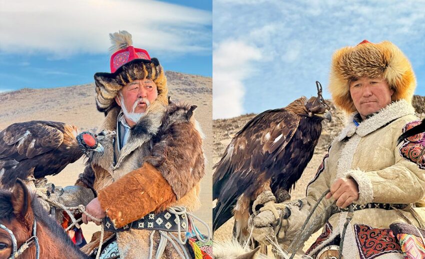 A final collage of eagle hunters in their regal attire, symbolising the enduring spirit of Kazakh traditions in the Altai mountains.