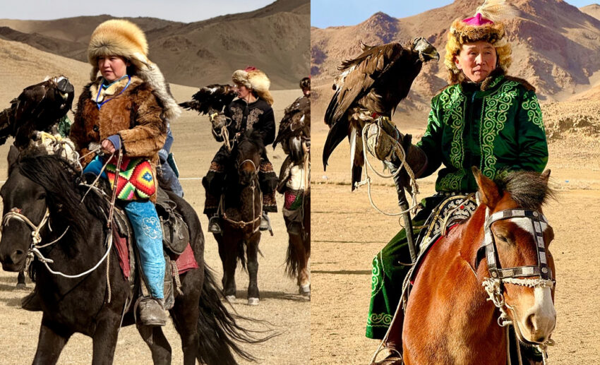 Eagle hunters; the left image shows the sole female eagle huntress in the competition, standing tall with her bird.