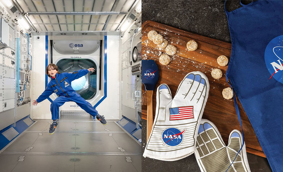 (Left) a young child in a NASA-style jumpsuit experiencing a zero-gravity simulation at the ESA Space Expo in Noordwijk, and (Right) a lifestyle shot of NASA-inspired kitchenware, including astronaut glove oven mitts and mission-themed aprons from the Kennedy Space Center.