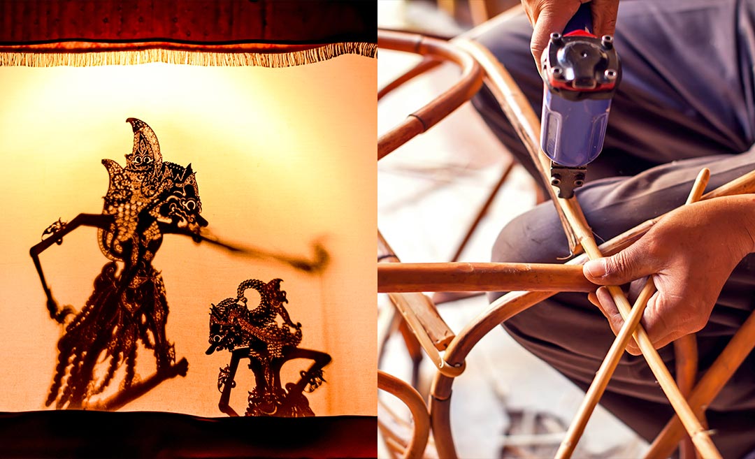 Malaysia’s heritage traditions: (L) a close-up of intricate Wayang Kulit shadow puppets during a performance; (R) a close-up of an artisan’s hands weaving natural rattan.