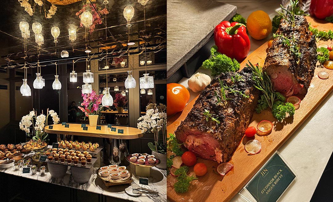Decorative canapés on an island table and the juicy O’Connor’s Black Angus ribeye steak at a media tasting event in JIN Gastrobar.