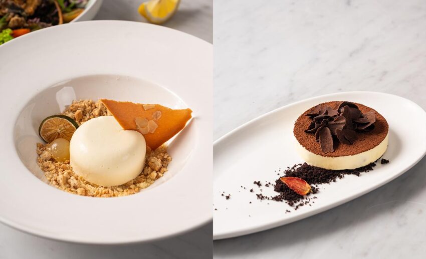 The lime and yychee mousse and a classic Tiramisu served on a plate.
