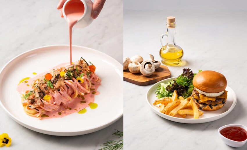 The creamy Mentaiko Linguine and a thick JIN’s Wagyu Burger on a brioche bun.