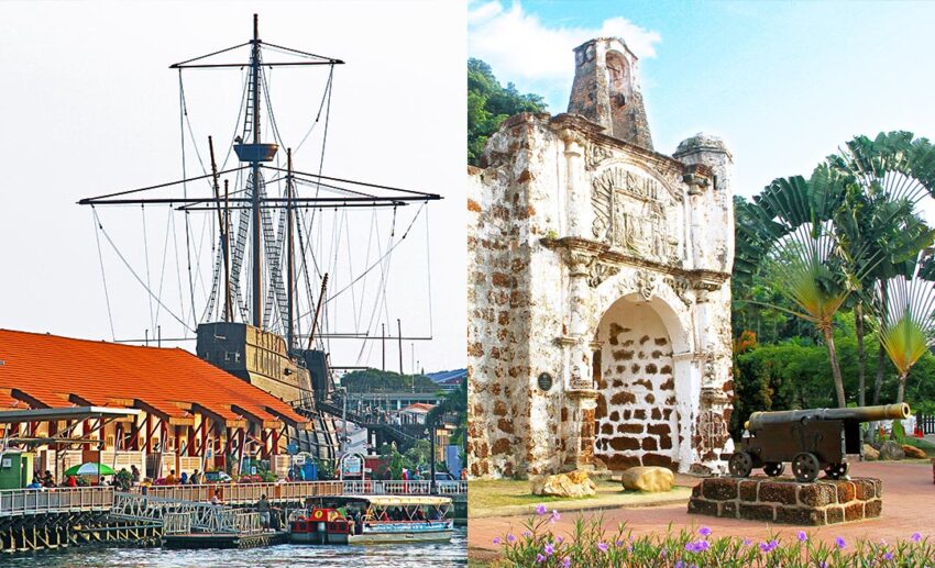A full-scale replica of the historic Portuguese ship, Flor de la Mar, housed at the Melaka Maritime Museum along the riverside pier (L); The stone ruins of Porta de Santiago, the iconic surviving gate of the A Famosa Portuguese fortress in historic Melaka (R).