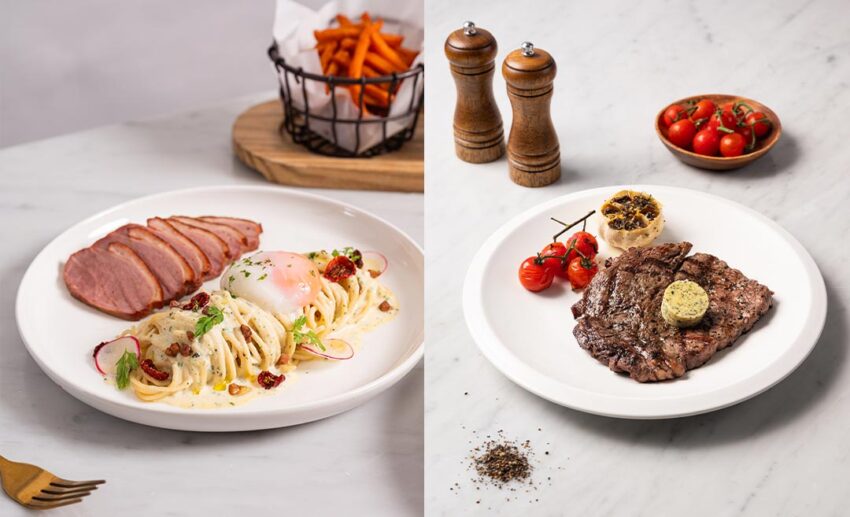 The Smoked Duck Carbonara and a 250g O’Connor’s Black Angus ribeye steak.
