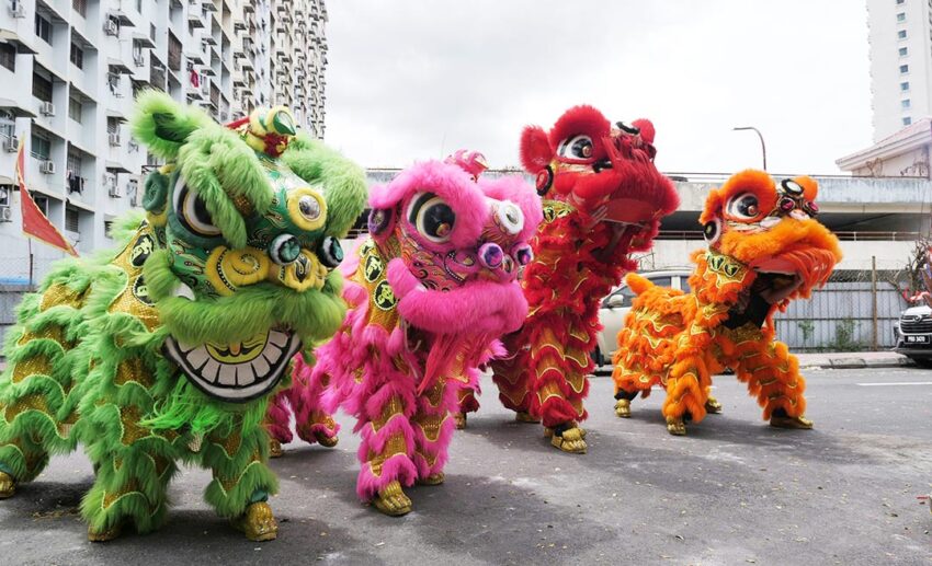 Four colourful Chinese lion dance troupes performing during a festive Lunar New Year blessing.