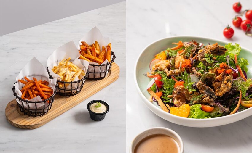 The Trio of Fries and a crispy Soft Shell Crab Salad.