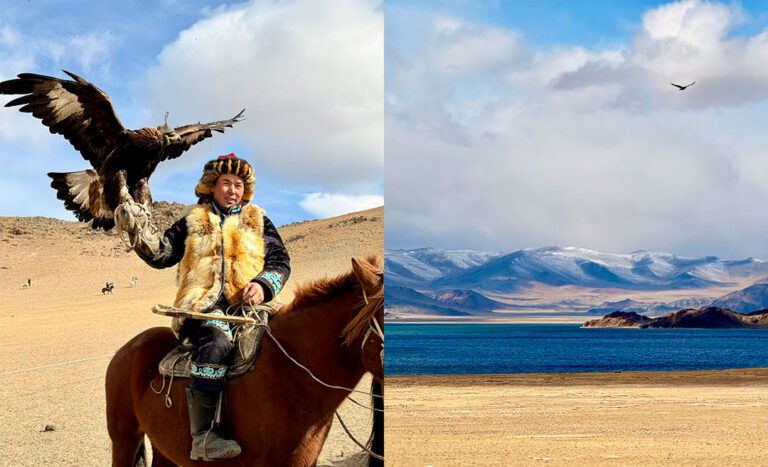 A Kazakh eagle hunter on horseback holding a golden eagle (left) and the rugged mountain expanse of Bayan-Olgii overlooking the blue waters of Lake Tolbo (right).