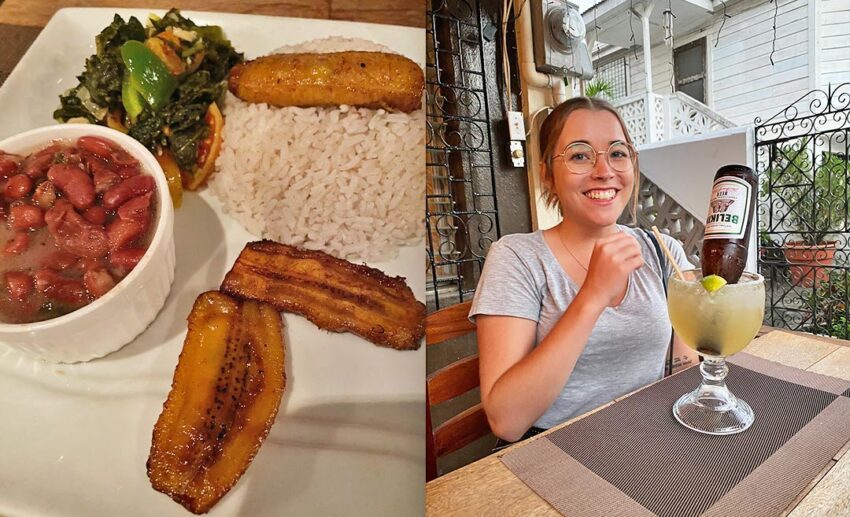 Belizean comfort food: (L) a plate of rice, beans, and plantains; (R) the author enjoying a giant "beer-garita" cocktail at Erva’s Restaurant in San Ignacio.