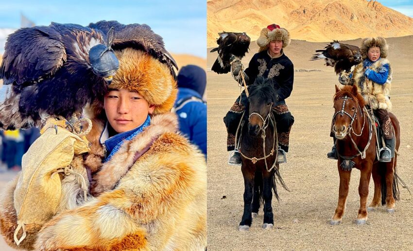 Young eagle hunters holding their massive golden eagles, capturing the intricate details of their traditional embroidery and the birds' regal feathers.