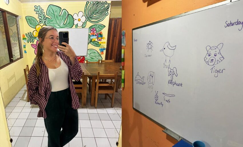 A glimpse into teaching life: a selfie of the writer in her Saturday classroom (left) and a whiteboard covered in English and Spanish vocabulary notes (right).
