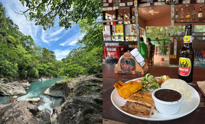 A collage of Costa Rican weekend rituals: a serene, hidden rock pool (poza) surrounded by lush greenery (left) and a traditional casado meal served with a cold Imperial beer (right).