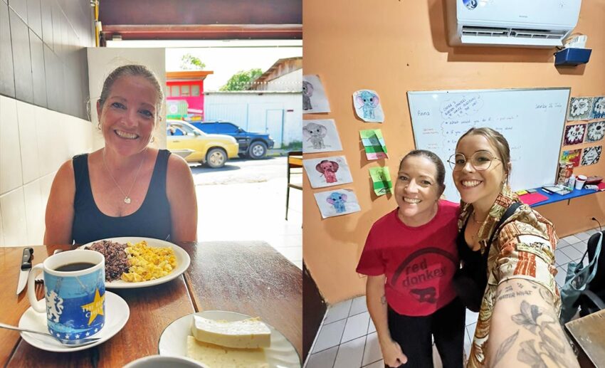Sharing the routine: a traditional Gallo Pinto breakfast at a local soda with the writer’s mum (left) and the writer showing her mother around her Guanacaste classroom (right).