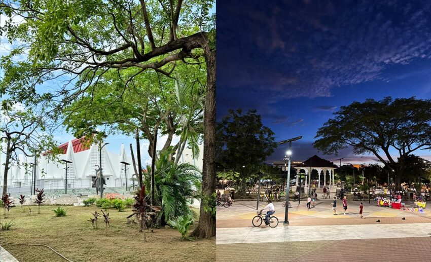 The steady rhythm of Guanacaste's capital: the striking white cathedral of Liberia (left) and the bustling main town square at sunset, filled with locals gathering for the evening (right).