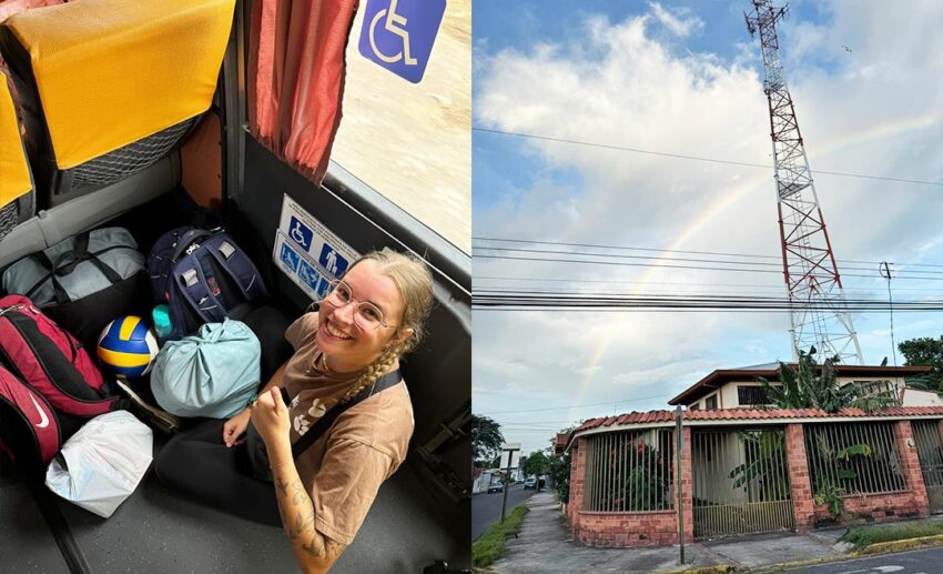 The early days of moving to Liberia, showing the writer’s backpacks on a local bus floor during a chaotic transit (left) and a vibrant rainbow stretching across the Guanacaste sky (right).