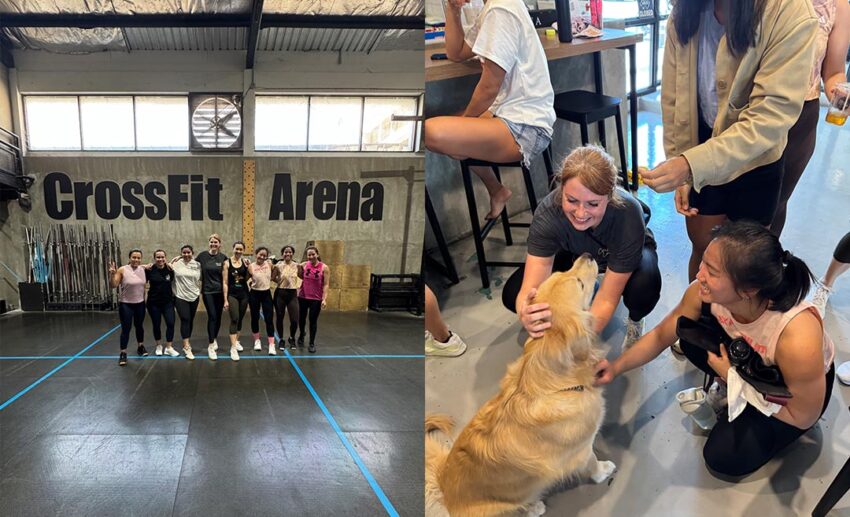 A group of female friends posing for a photo inside CrossFit Arena after a workout; (Right) Women smiling and patting a golden retriever in a Bangkok establishment.